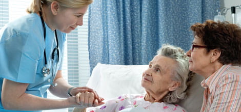 Hospital doctor with elderly patient and relative